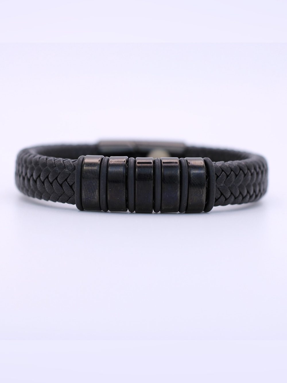 Men's Black Braided Leather Bracelet with Black Accent Beads
